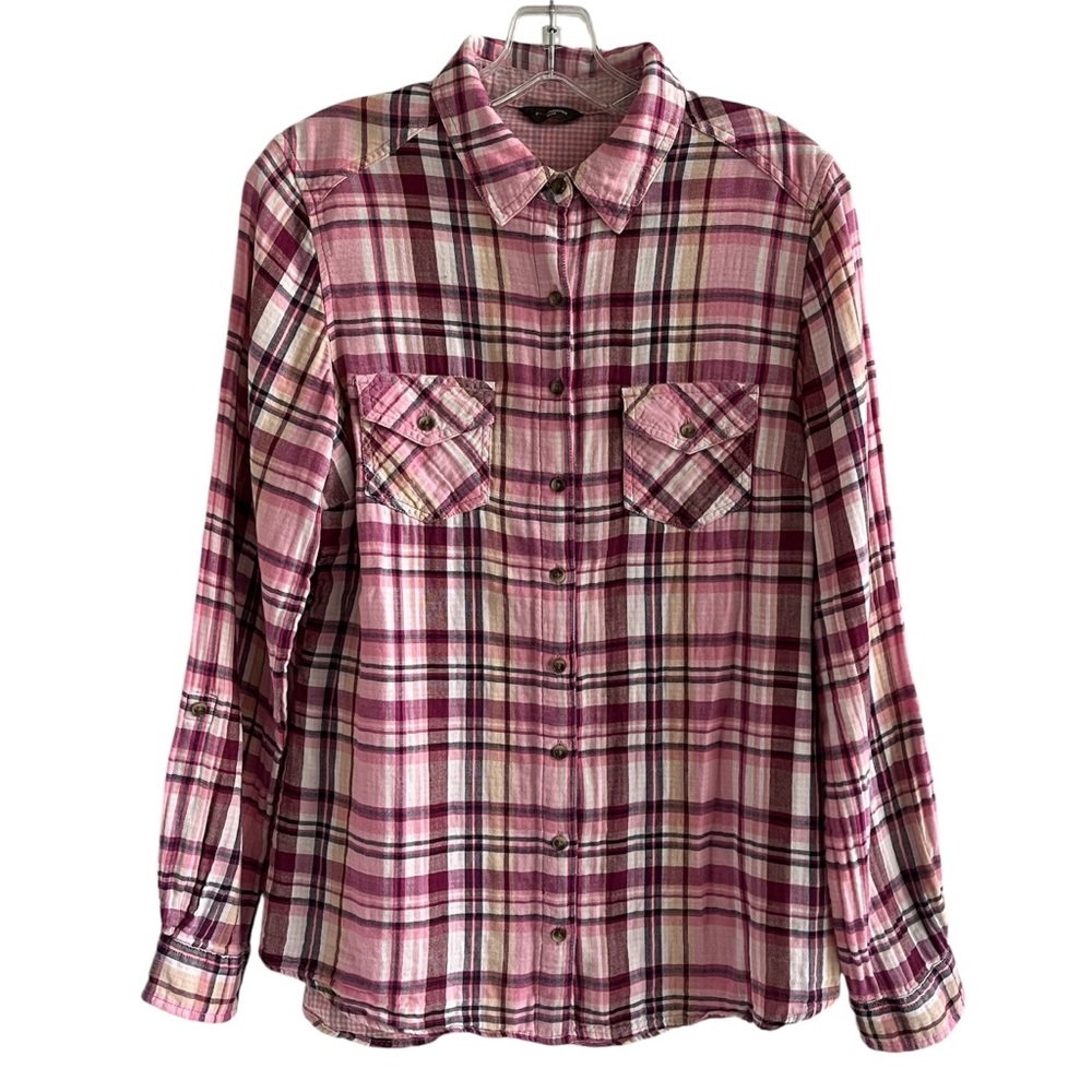 Denver Hayes pink madras plaid long sleeve cotton shirt casual fall western sz M